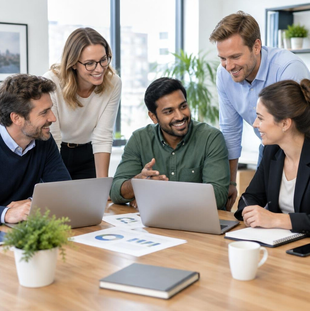 Team of colleagues collaborating around a table in a bright office
