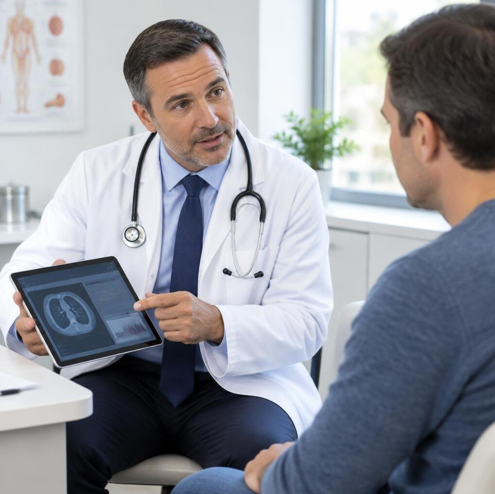 Doctor using a tablet to explain results to a patient